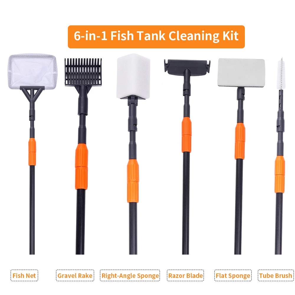 Marine Aquarium Glass Cleaner - 6-in-1 Aquarium-Reinigungsset: Aquarium-Klemmset, Fischbecken-Netz, Kiesrechen, Algenentferner,